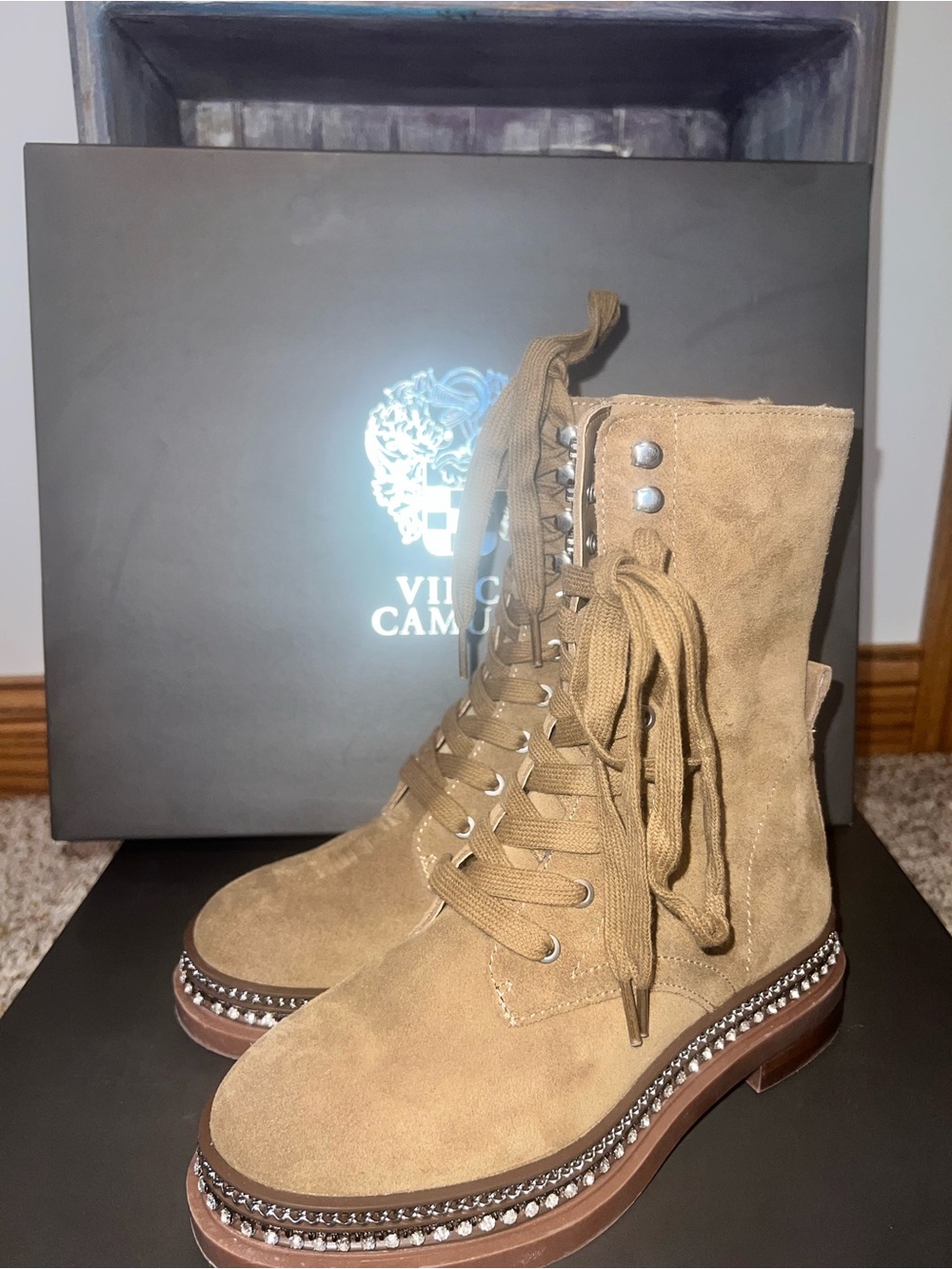 Vince Camuto Tan Suede Lace-Up Studded Combat Boots